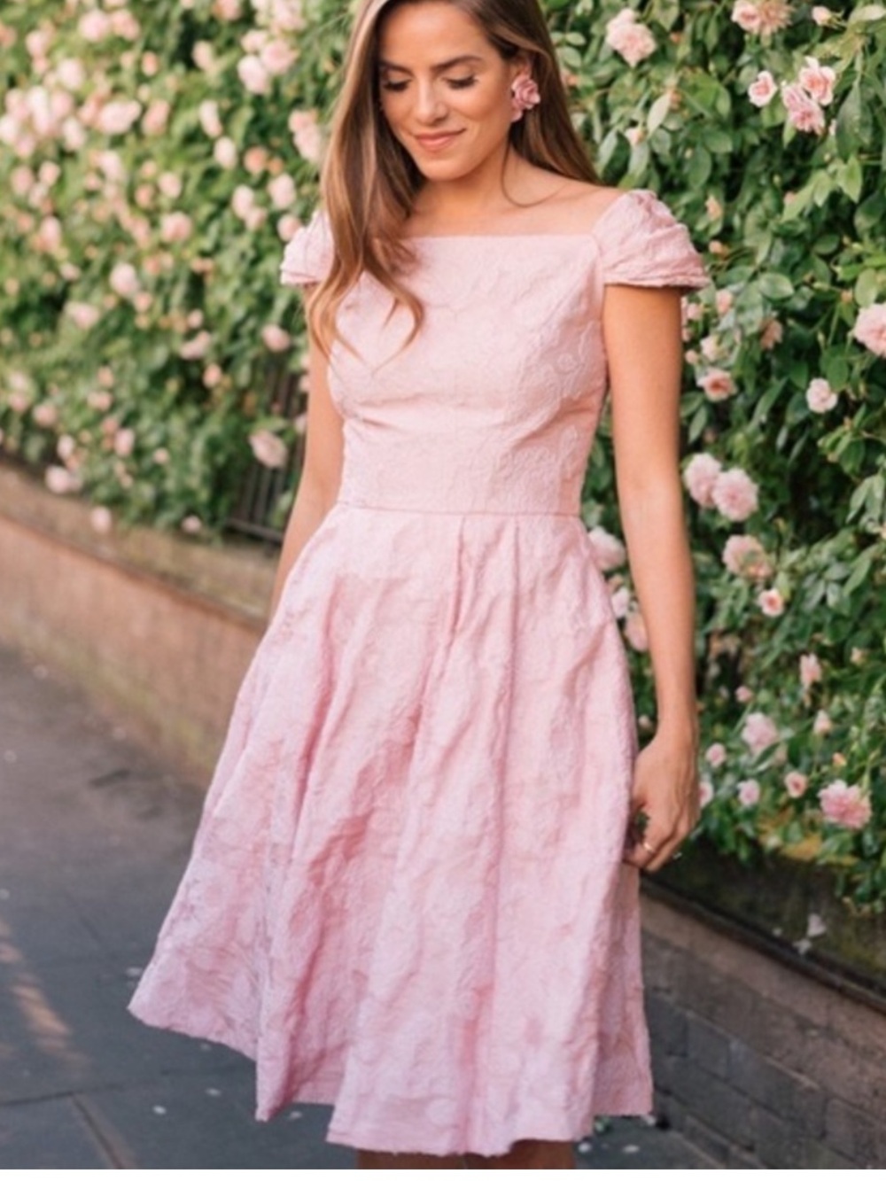 Gal Meets Glam Augusta pink floral fit & flare off shoulder short sleeve dress 4